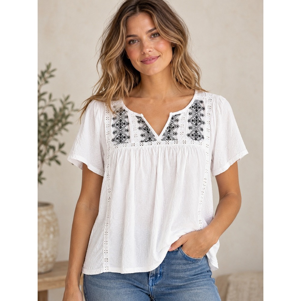 Lucky Brand White Embroidered Peasant Top Black Lace Boho Blouse Medium